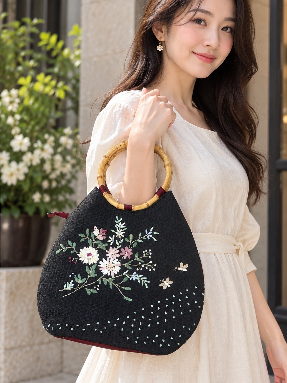 Black Floral Embroidered Bamboo Handle Tote - Women Bags